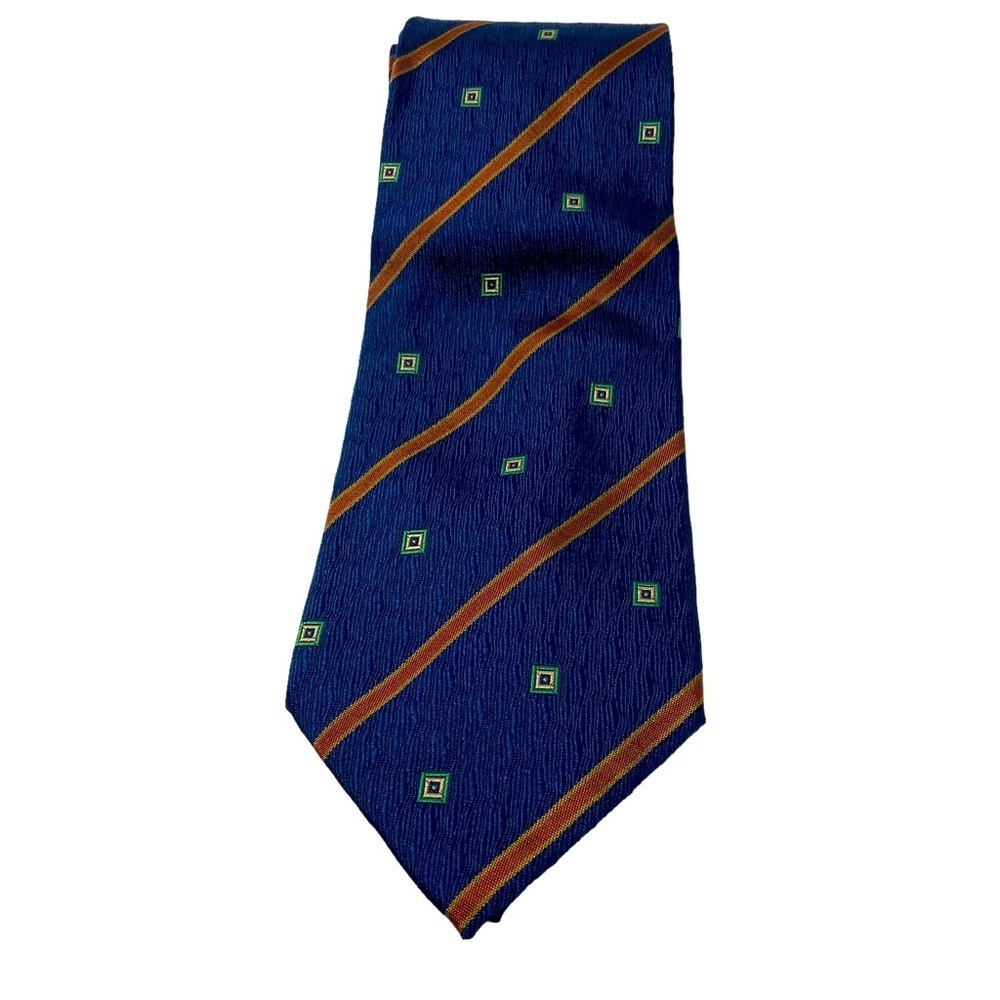 Bally Necktie. Blue with Rust Stripes and Green Squares.
